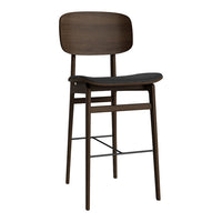 Modern wooden bar stool in rich brown with a sleek black seat, featuring a minimalist design and smooth finish.