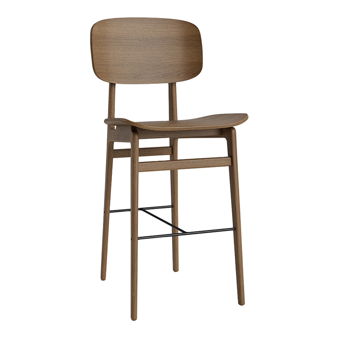Light brown wooden bar stool with a smooth, minimalist design and subtle curved backrest, featuring a sleek black metal footrest.