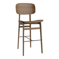 Light brown wooden bar stool with a smooth, minimalist design and subtle curved backrest, featuring a sleek black metal footrest.