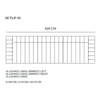 "White lounge furniture layout with contrasting armrests; features a sleek and modern design."