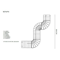 Stylized illustration of a modern furniture setup featuring a curved design in monochrome color scheme.