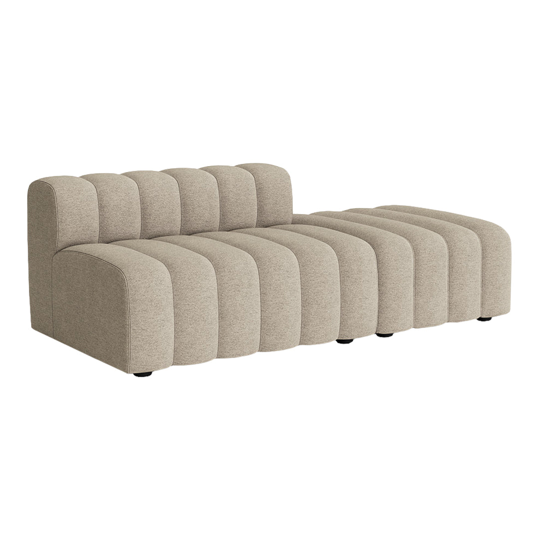 Beige tufted sectional sofa with soft horizontal ribbed pattern for a modern, stylish look.