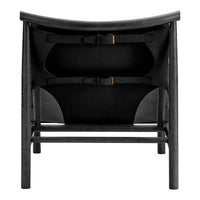 Black wooden chair with a smooth finish and contrasting black fabric straps for a modern, minimalist look.
