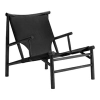 Black lounge chair featuring a minimalist design with a sleek fabric seat and angular wooden frame.