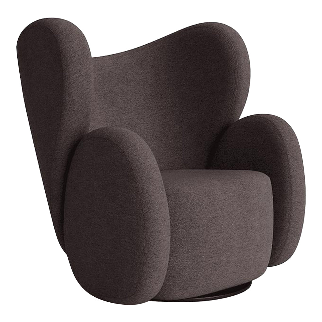 Dark brown, textured upholstery armchair with a modern, rounded silhouette and smooth curves. Ideal for contemporary decor.