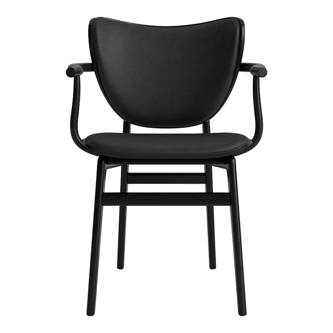 Black modern chair with a sleek design and smooth finish, featuring curved back and armrests. Ideal for contemporary spaces.