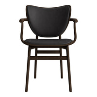 Stylish black chair with a curved backrest and dark wooden frame, featuring minimalist design and sleek patterns.
