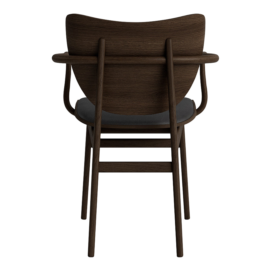 Brown wooden chair with a sleek, minimalist design and a dark gray cushion, highlighting a contemporary aesthetic.