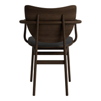 Brown wooden chair with a sleek, minimalist design and a dark gray cushion, highlighting a contemporary aesthetic.