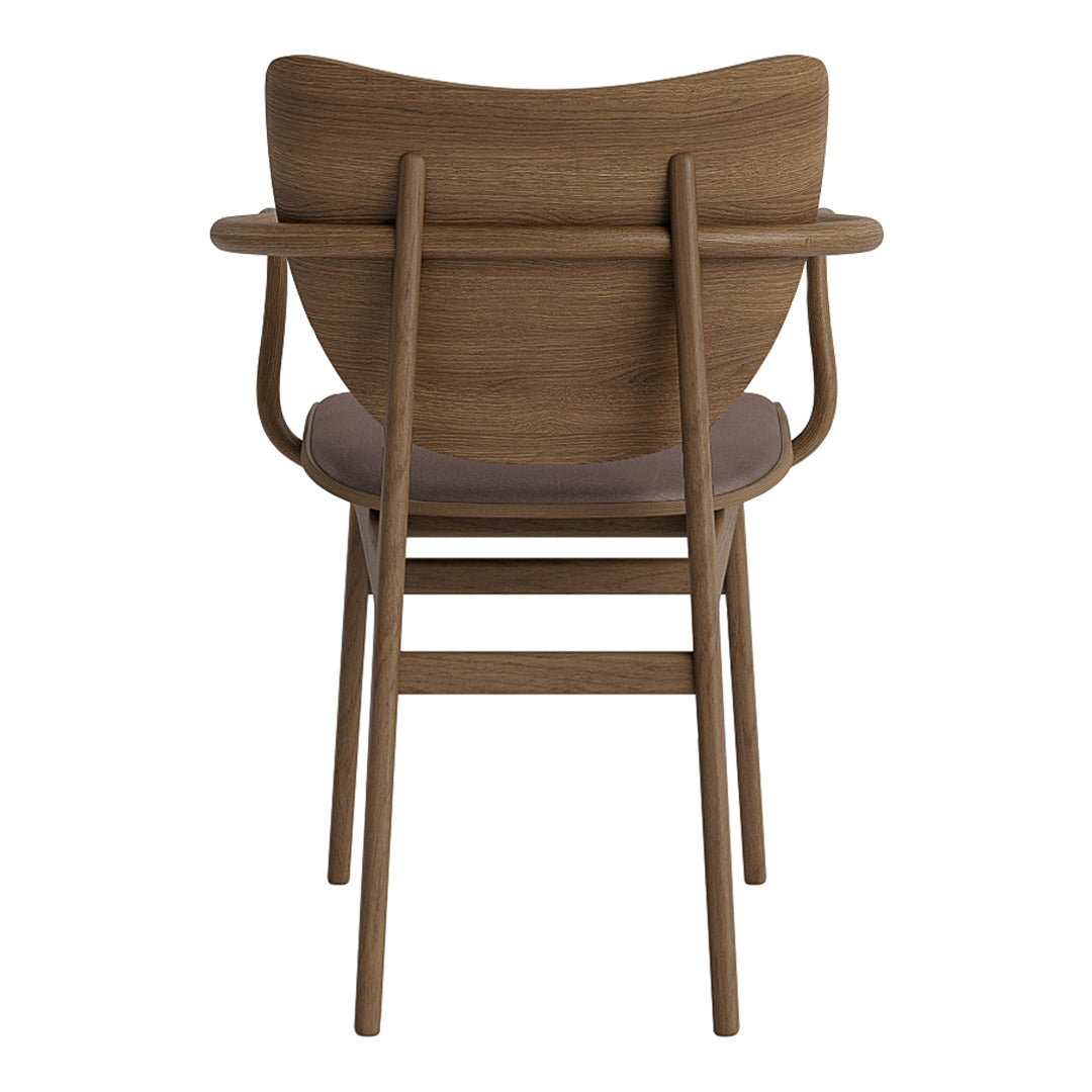 Brown wooden chair with a curved backrest and a neutral fabric seat, showcasing a sleek, modern design.