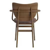 Brown wooden chair with a curved backrest and a neutral fabric seat, showcasing a sleek, modern design.