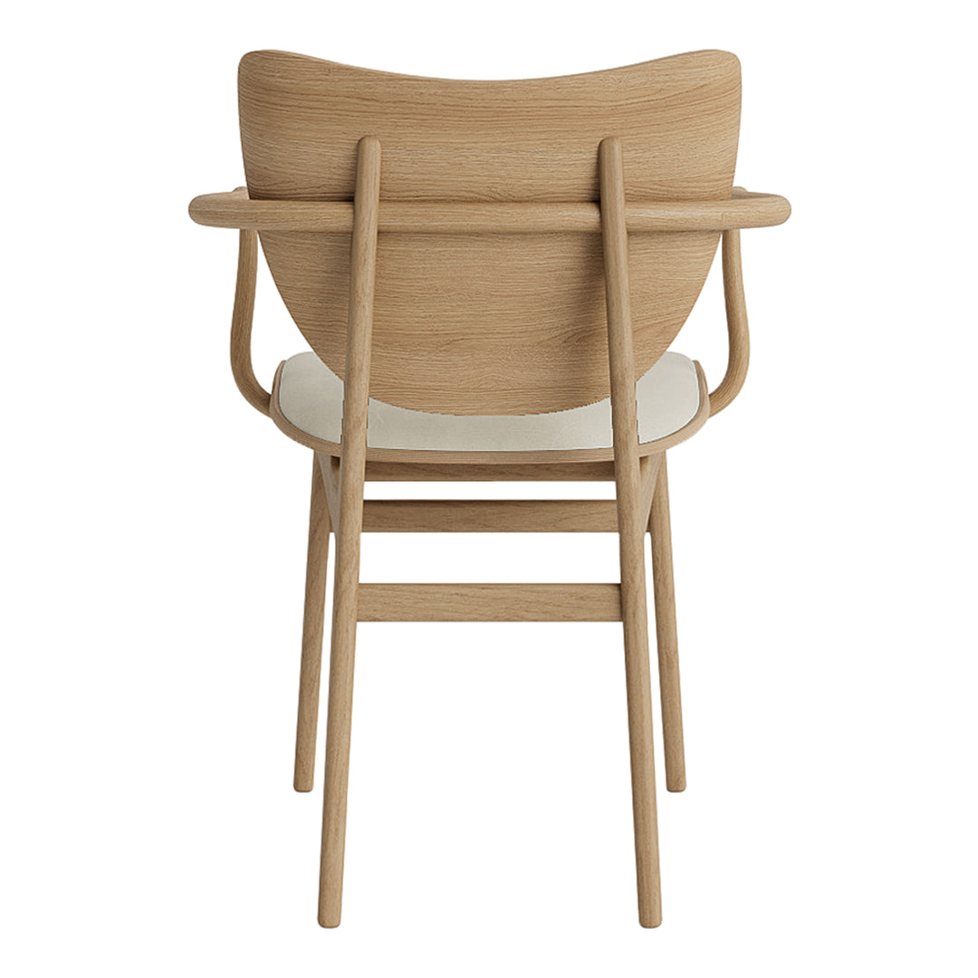Natural wood finish chair with a minimalist design and a light-colored cushion, showcasing clean lines and a modern aesthetic.