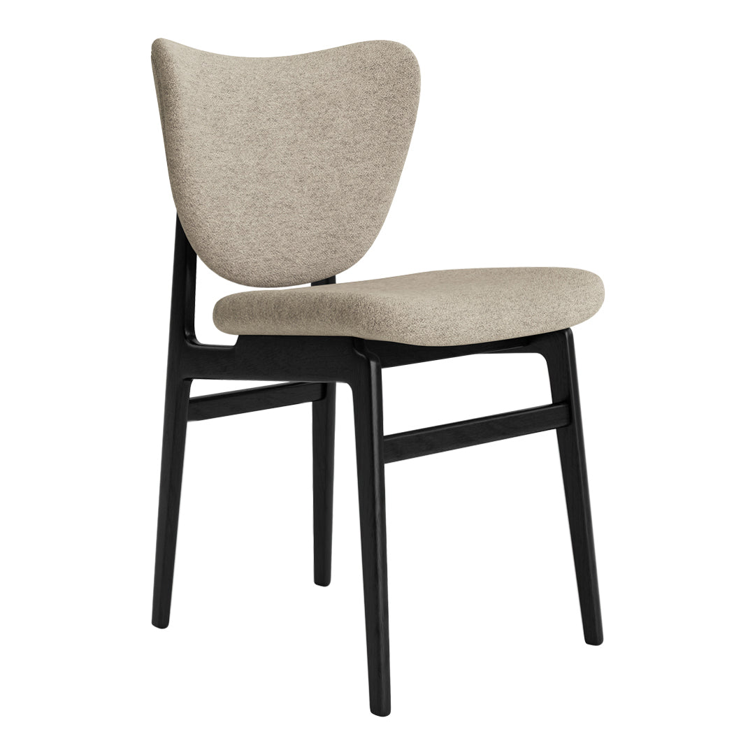 Beige fabric chair with a smooth finish and black wooden legs, offering a modern, minimalist design.