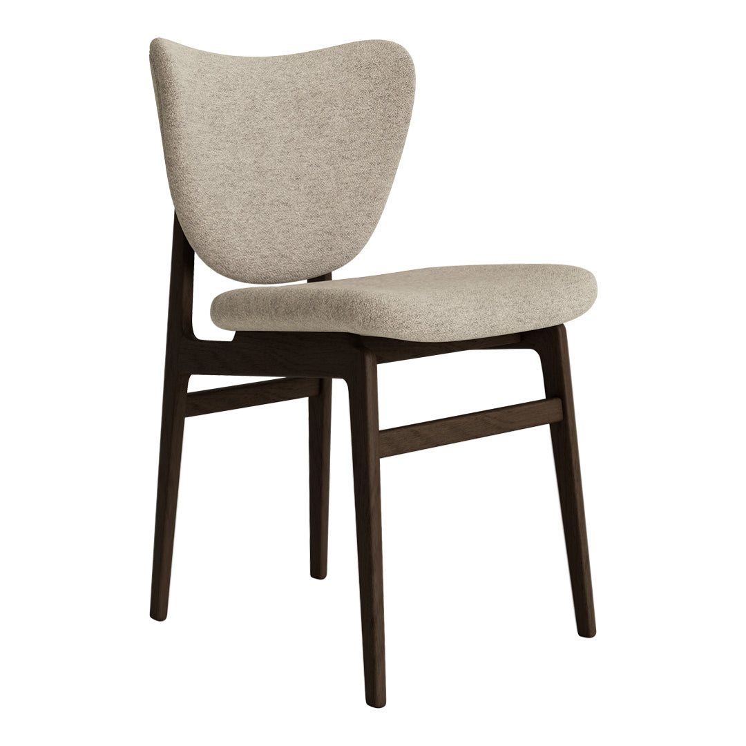 Beige upholstered chair with a smooth texture and dark wooden legs, featuring a minimalist design.