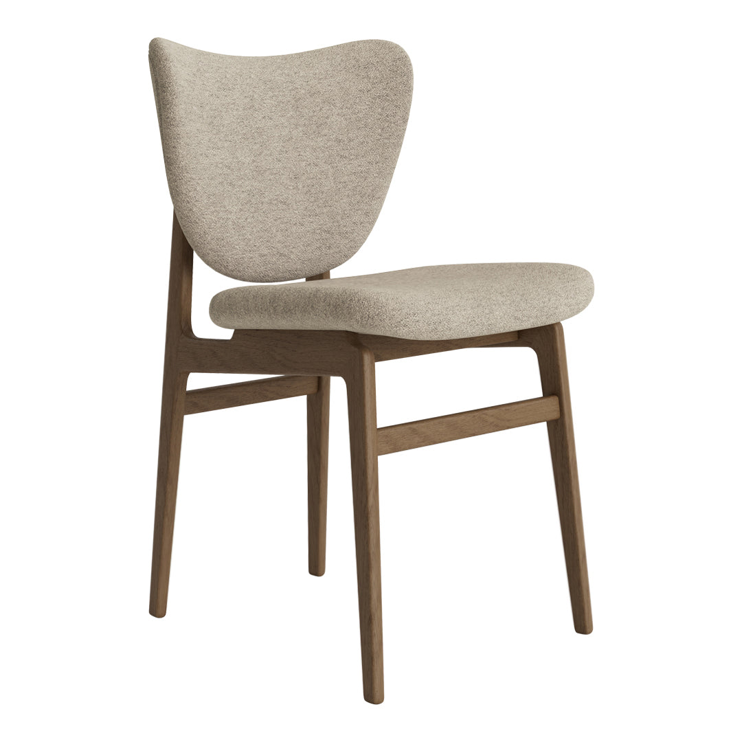 Light beige upholstered chair with a smooth fabric and a natural wood frame, featuring a minimalist design.