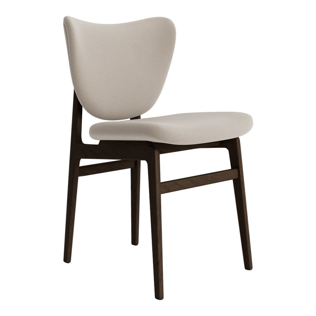 Neutral beige upholstered chair with a sleek dark wood frame, showcasing a minimalist design.