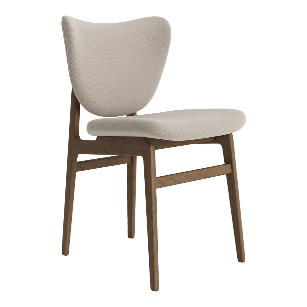 Beige upholstered chair with a smooth, minimalist design and wooden legs in a warm brown finish.