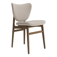 Beige upholstered chair with a smooth, minimalist design and wooden legs in a warm brown finish.