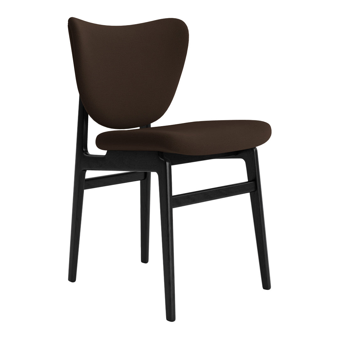 Brown upholstered chair with a sleek black wooden frame and smooth, minimalist design. Ideal for modern interiors.