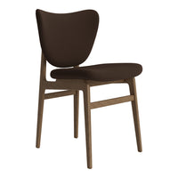 Stylish chair with a brown fabric seat and back, paired with a natural wood frame for a minimalist look.