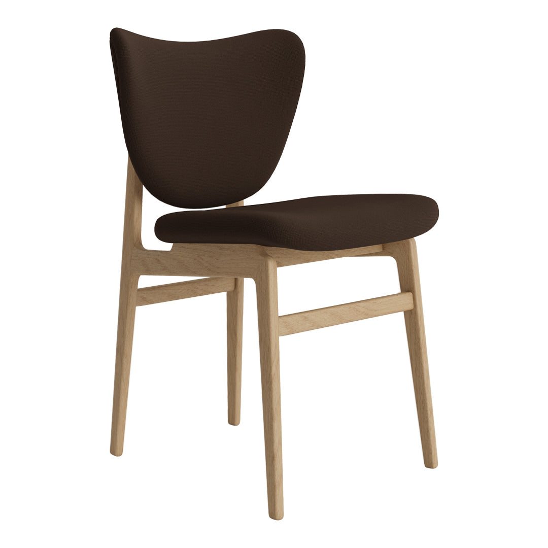 Brown upholstered chair with a curved backrest and light wood legs, featuring minimalist design and smooth surfaces.