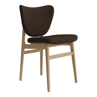 Brown upholstered chair with a curved backrest and light wood legs, featuring minimalist design and smooth surfaces.