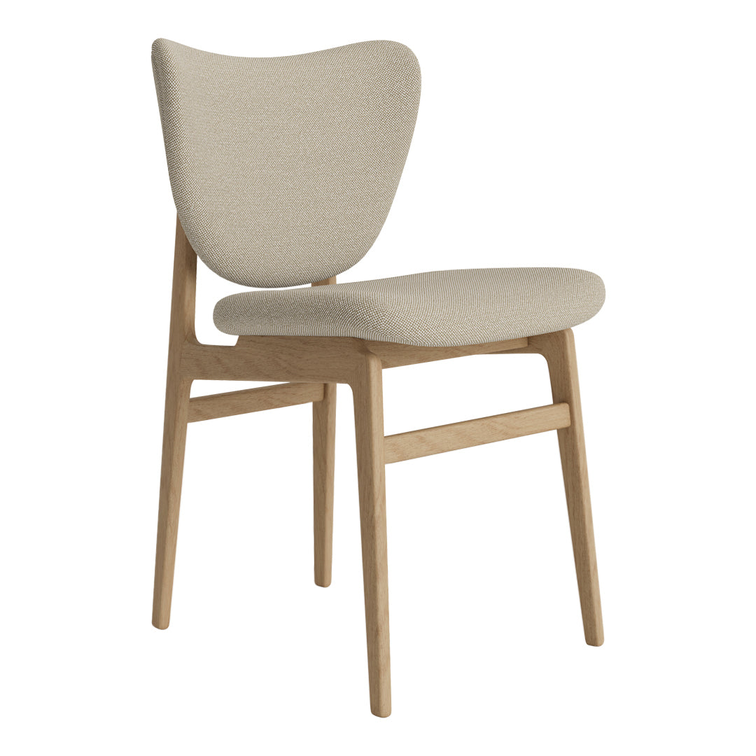 Light beige upholstered chair with a simple, modern design and natural wood legs, ideal for home decor.
