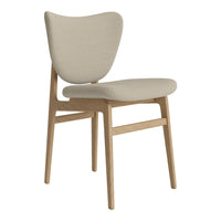 Light beige upholstered chair with a simple, modern design and natural wood legs, ideal for home decor.