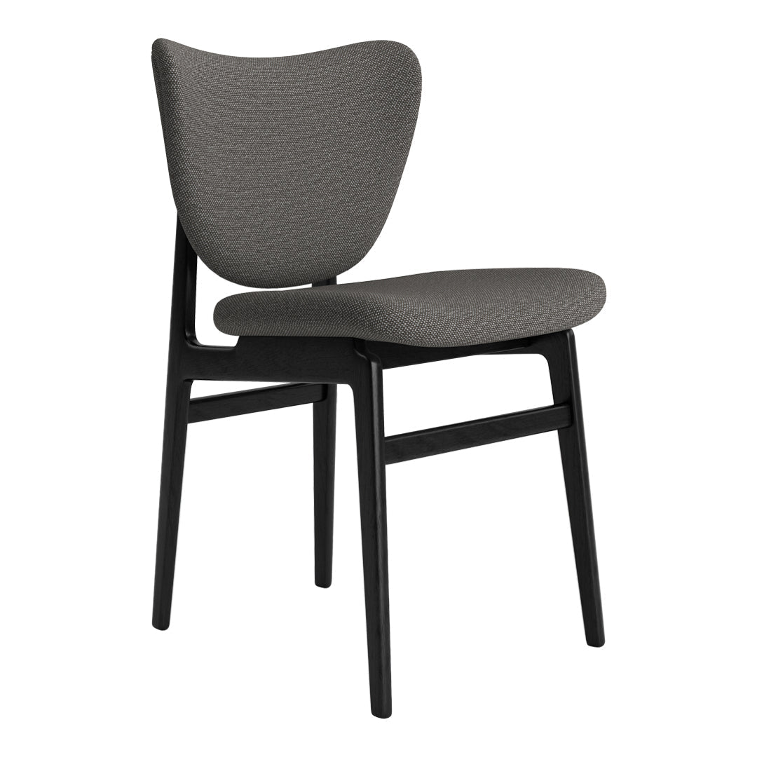 Gray upholstered chair with a smooth, textured finish and sleek black wooden legs. Modern minimalist design.