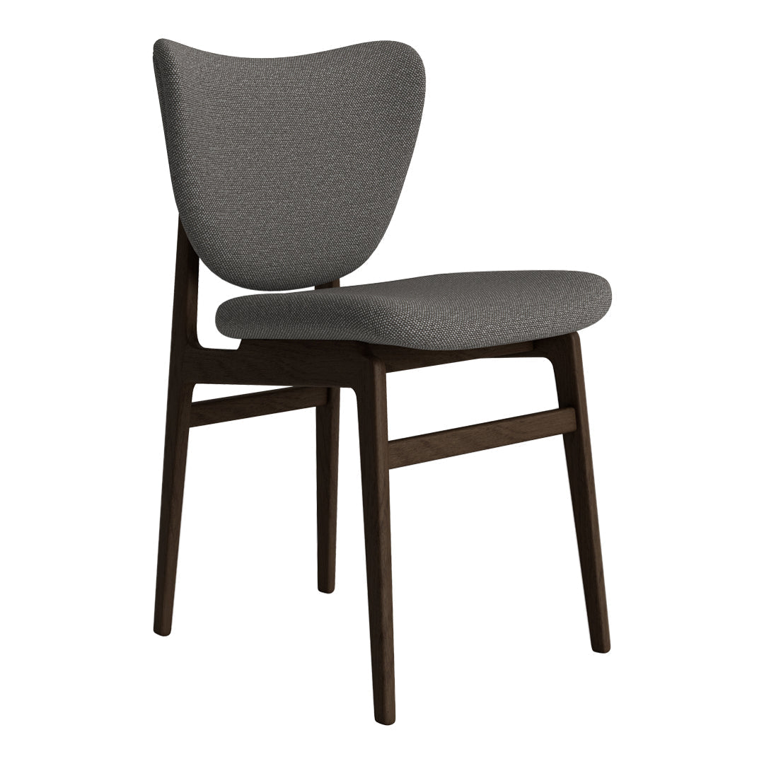Gray upholstered chair with a smooth, modern design and dark wood legs, perfect for contemporary decor.