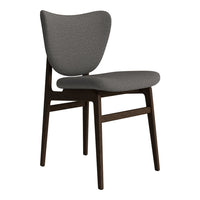 Gray upholstered chair with a smooth, modern design and dark wood legs, perfect for contemporary decor.