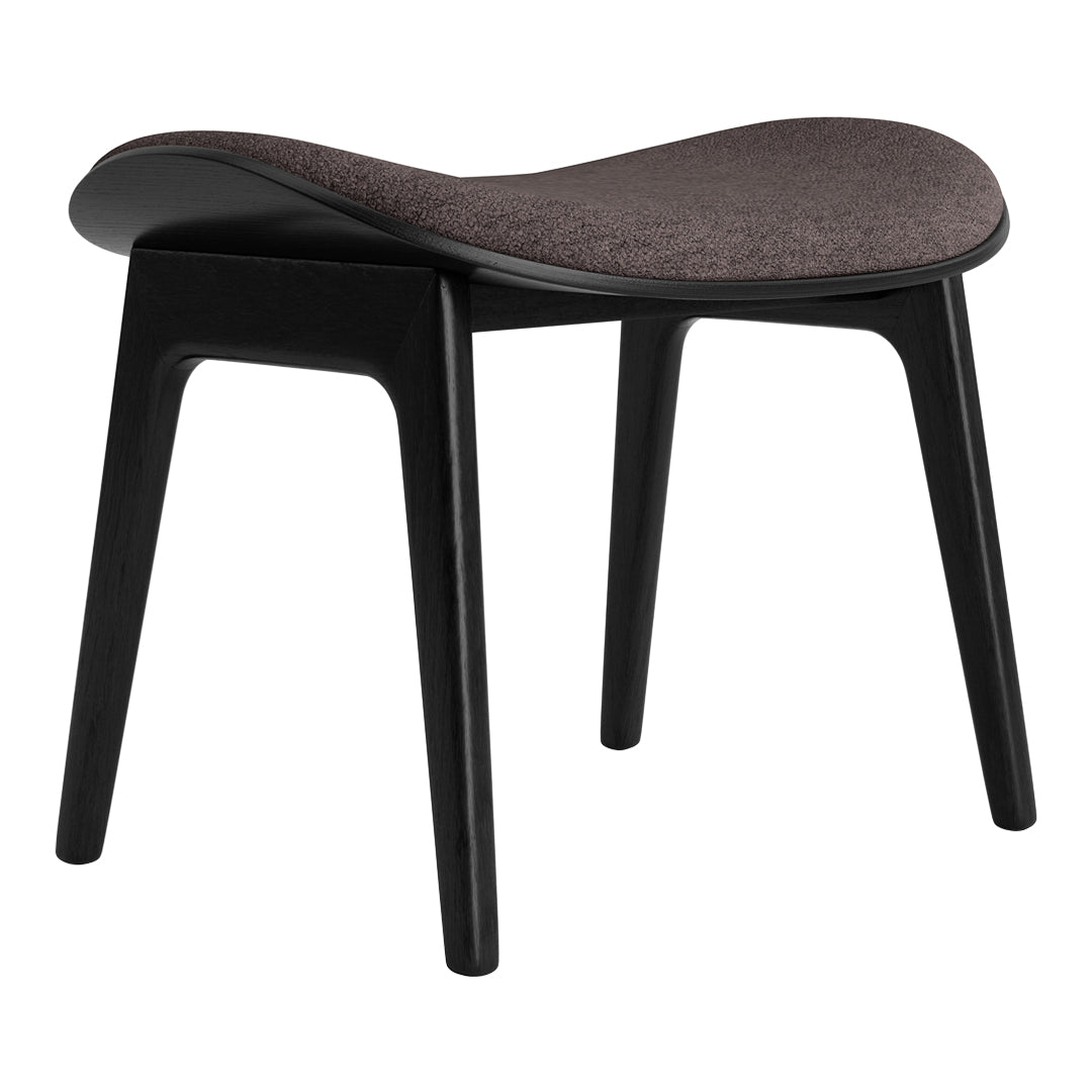 Black wooden stool with a smooth, dark gray upholstered seat in a modern, curved design. Ideal for minimalist decor.