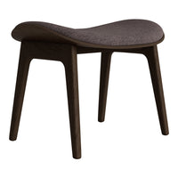 Brown wooden stool with a smooth curved design and dark gray fabric cushion. Modern and stylish home decor piece.