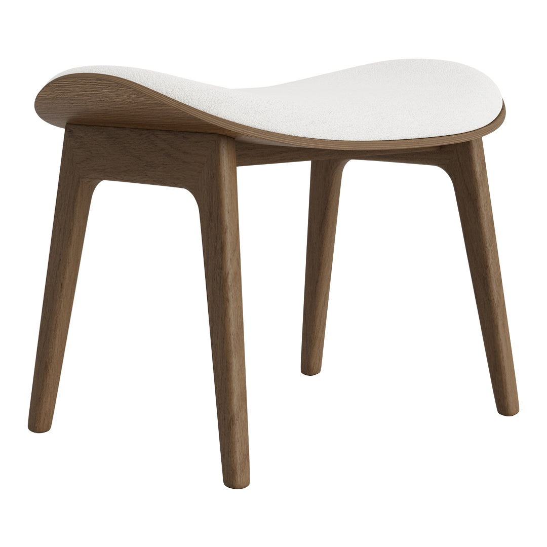 Modern wooden stool with a smooth white seat and natural wood legs, featuring a sleek, minimalist design.