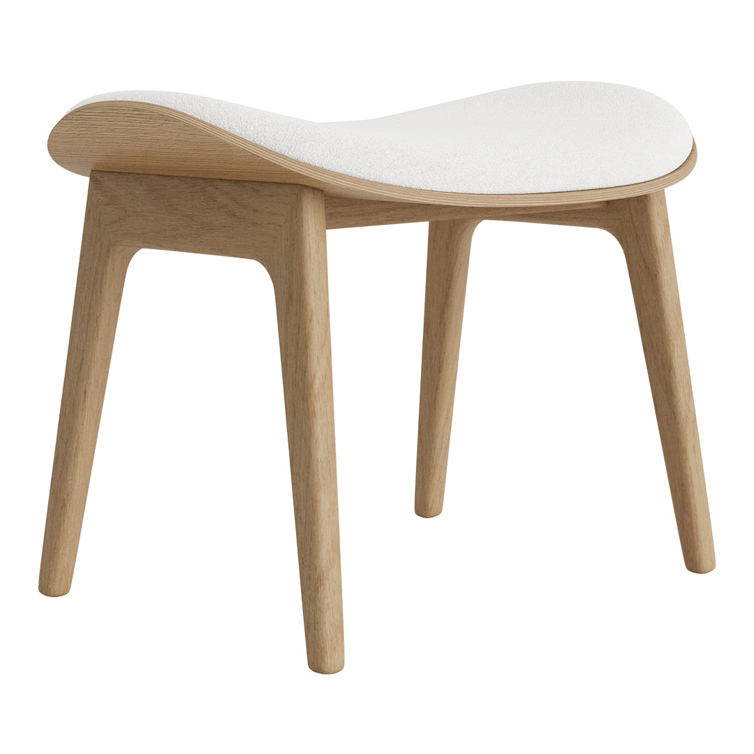 Light wood stool with a smooth white seat and natural grain pattern, featuring a sleek, minimalistic design.