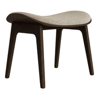 Natural wood stool with smooth, curved lines and a light beige upholstery. Stylish and minimalist design.