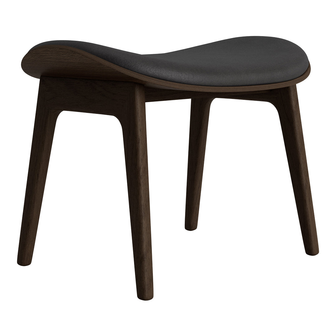 Modern black and brown wooden stool with a smooth, contoured seat design. Elegant and minimalist style for any decor.