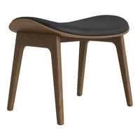 Black padded seat with natural wood legs, showcasing a sleek, modern design and smooth finish. Perfect for any decor.