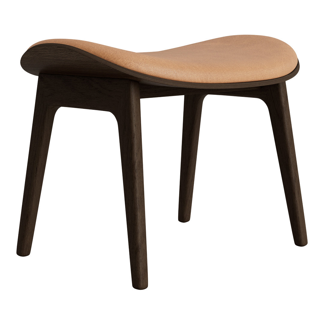 Natural wood stool with a smooth beige seat and dark walnut legs, featuring a sleek, minimalist design.
