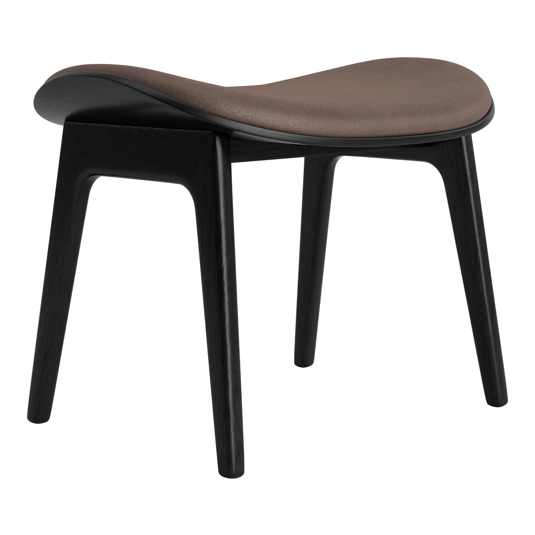 Brown upholstered stool with a sleek black wooden frame, featuring a smooth, modern design suitable for any decor.