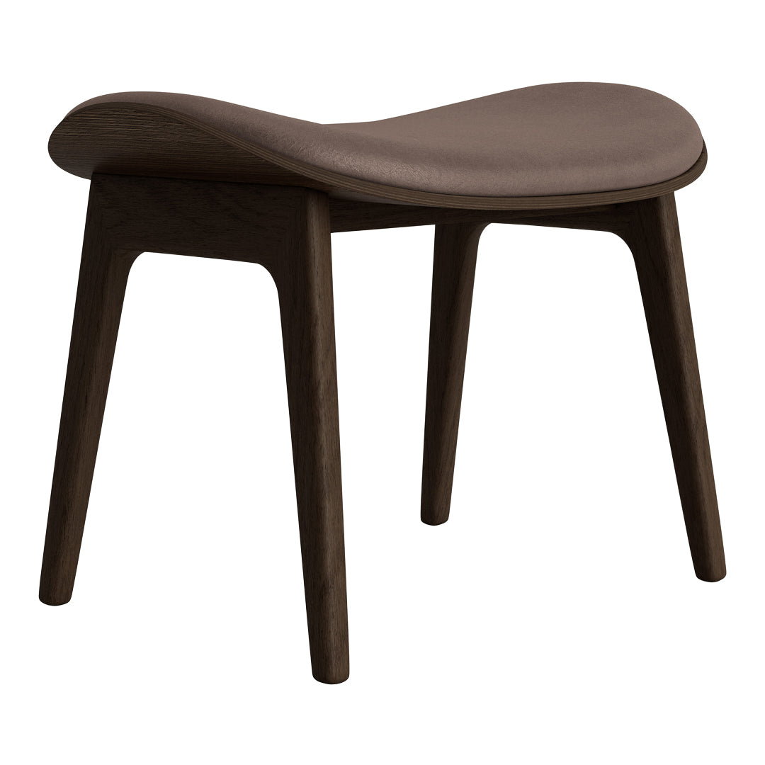 Brown modern stool with a smooth, curved seat and tapered legs, showcasing a minimalist design.