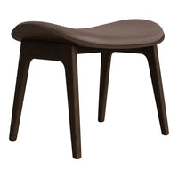 Brown modern stool with a smooth, curved seat and tapered legs, showcasing a minimalist design.