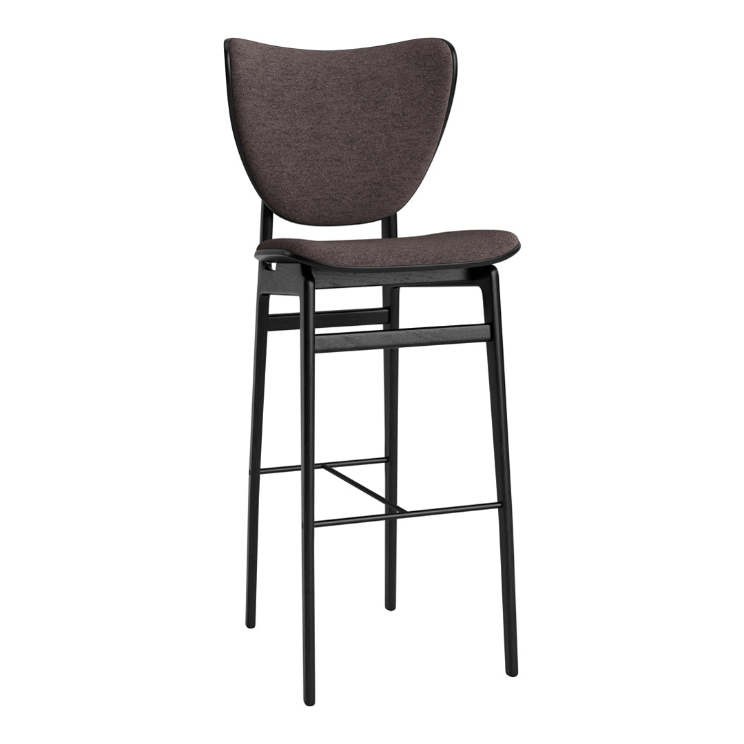 Modern black bar stool with a sleek, curved dark grey seat and minimalist design, perfect for contemporary spaces.