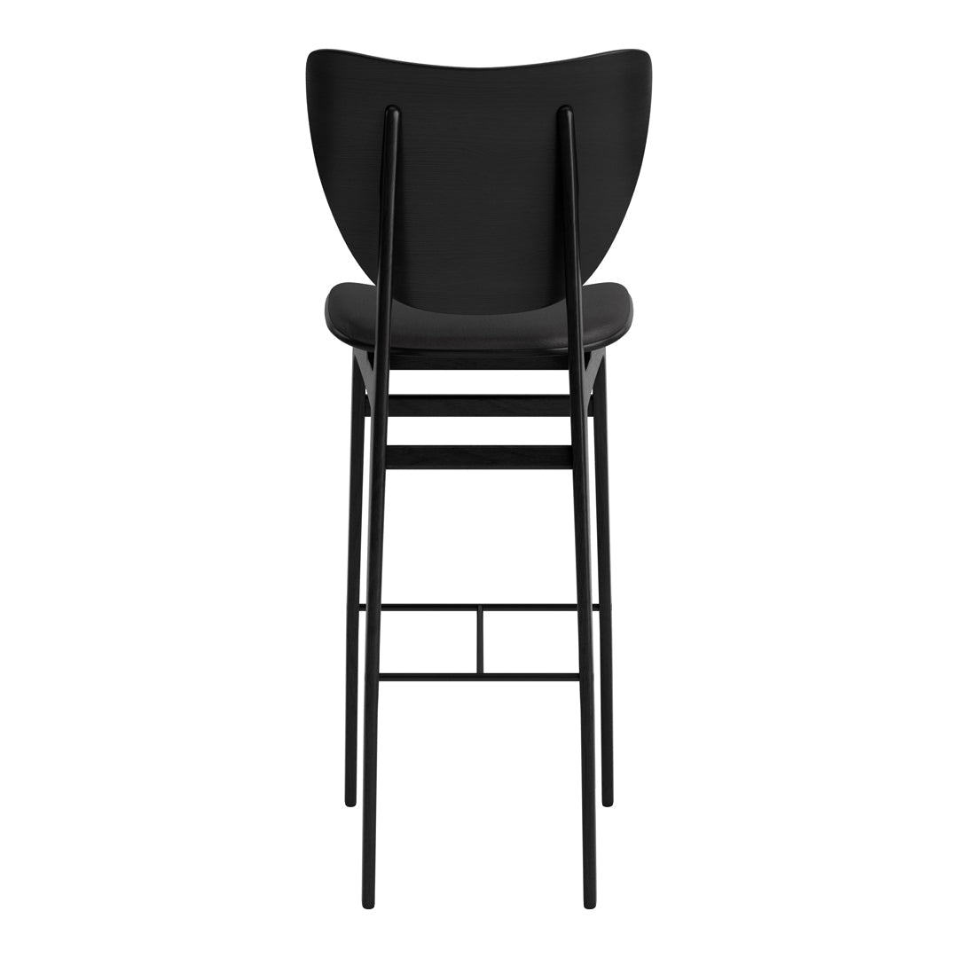 Black stackable bar stool with a sleek, contemporary design and minimalist pattern, ideal for modern interiors.