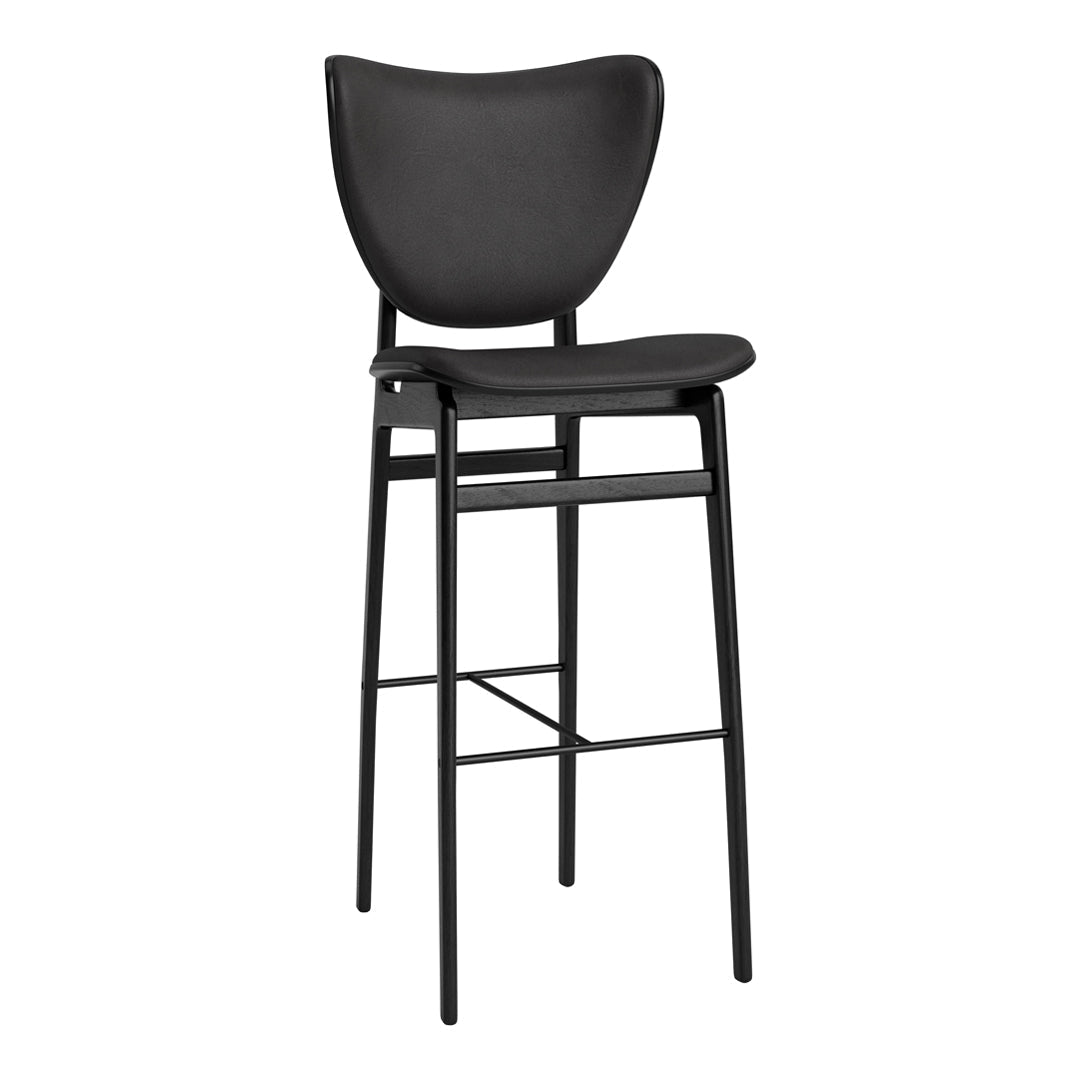 Black bar stool with a smooth, curved backrest and minimalistic metal frame. Sleek and modern design.