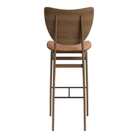 Modern wooden bar stool with a natural wood finish and light tan seat, featuring a simple, elegant design.