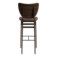 Dark brown wooden bar stool with smooth finish and minimalist design. Simple and elegant backrest shape.