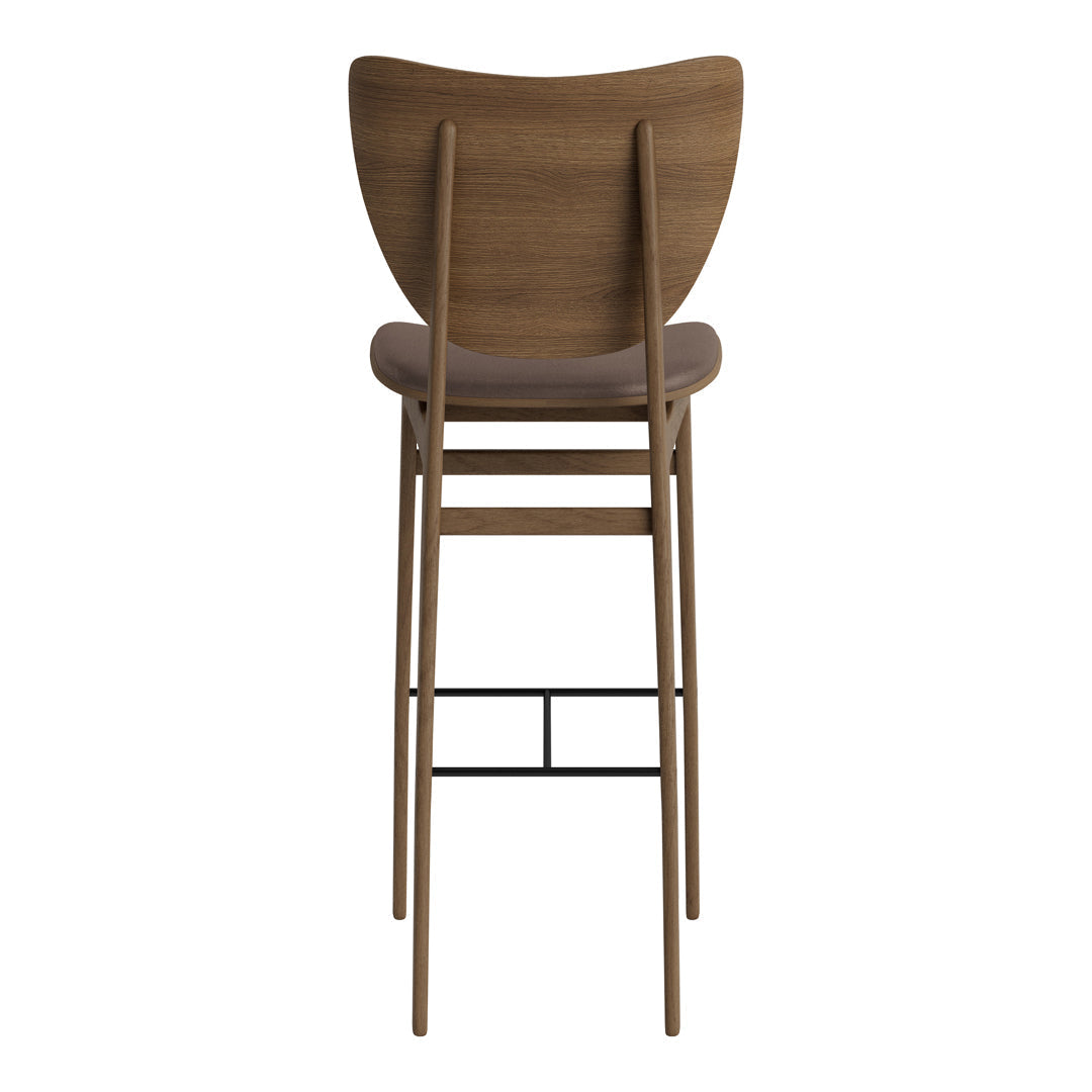 Wooden bar stool with a smooth brown finish and minimalist design, featuring a curved backrest and sleek lines.