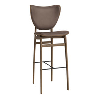 Brown upholstered bar stool with a smooth, curved seat and slender wooden legs, featuring a minimalist design.