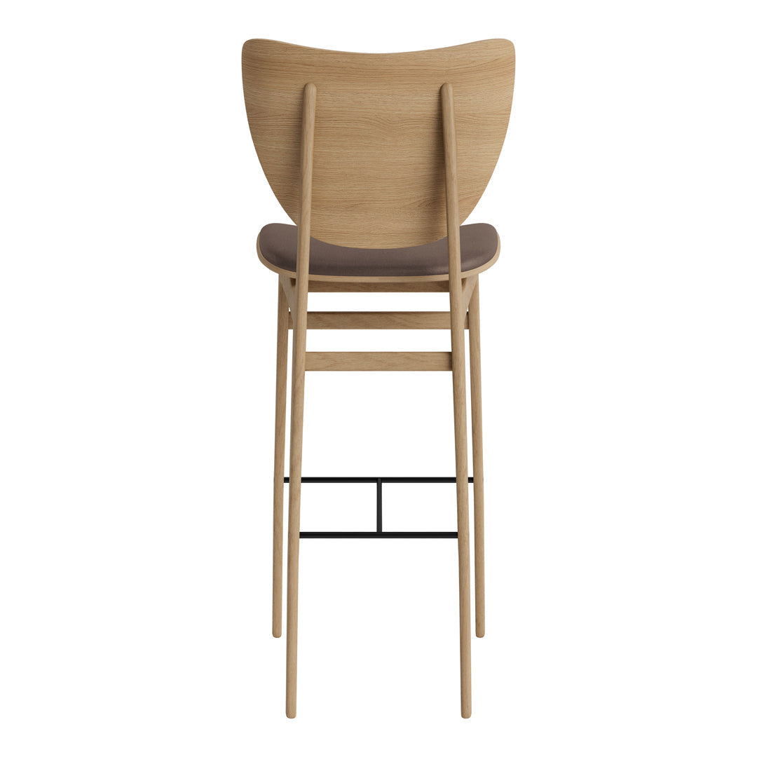 Natural wood finish with a sleek, minimalist design and a contrasting dark seat. Elegant and modern style.